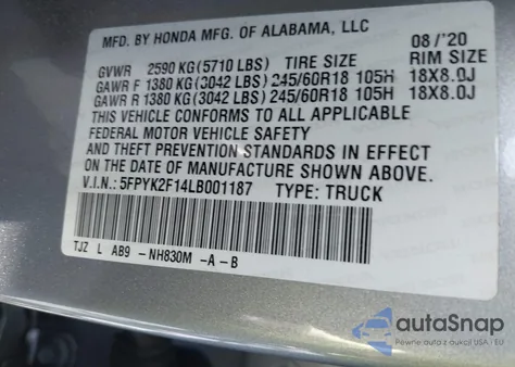 2020 Honda Ridgeline 2Wd Sport from USA, damaged, VIN 5FPYK2F14LB001187